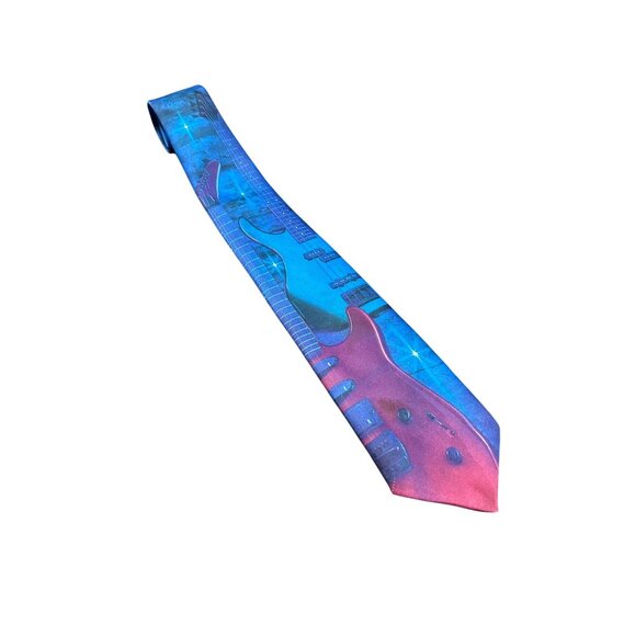 Vintage Ralph Marlin Guitar Print Tie Blue Pink Adjustable Fit Music Festival - Picture 1 of 8